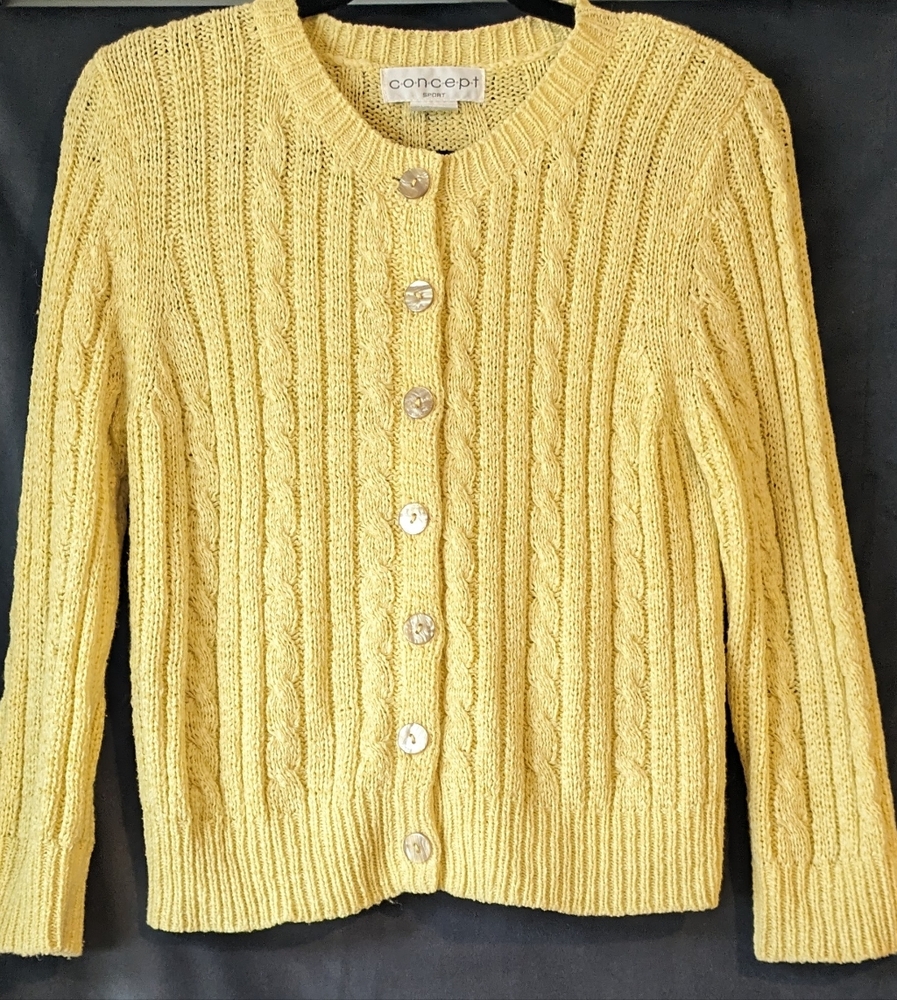 Yellow Round Neck Cable Ribbed Acrylic Button up Cardigan Concept Sport Size L